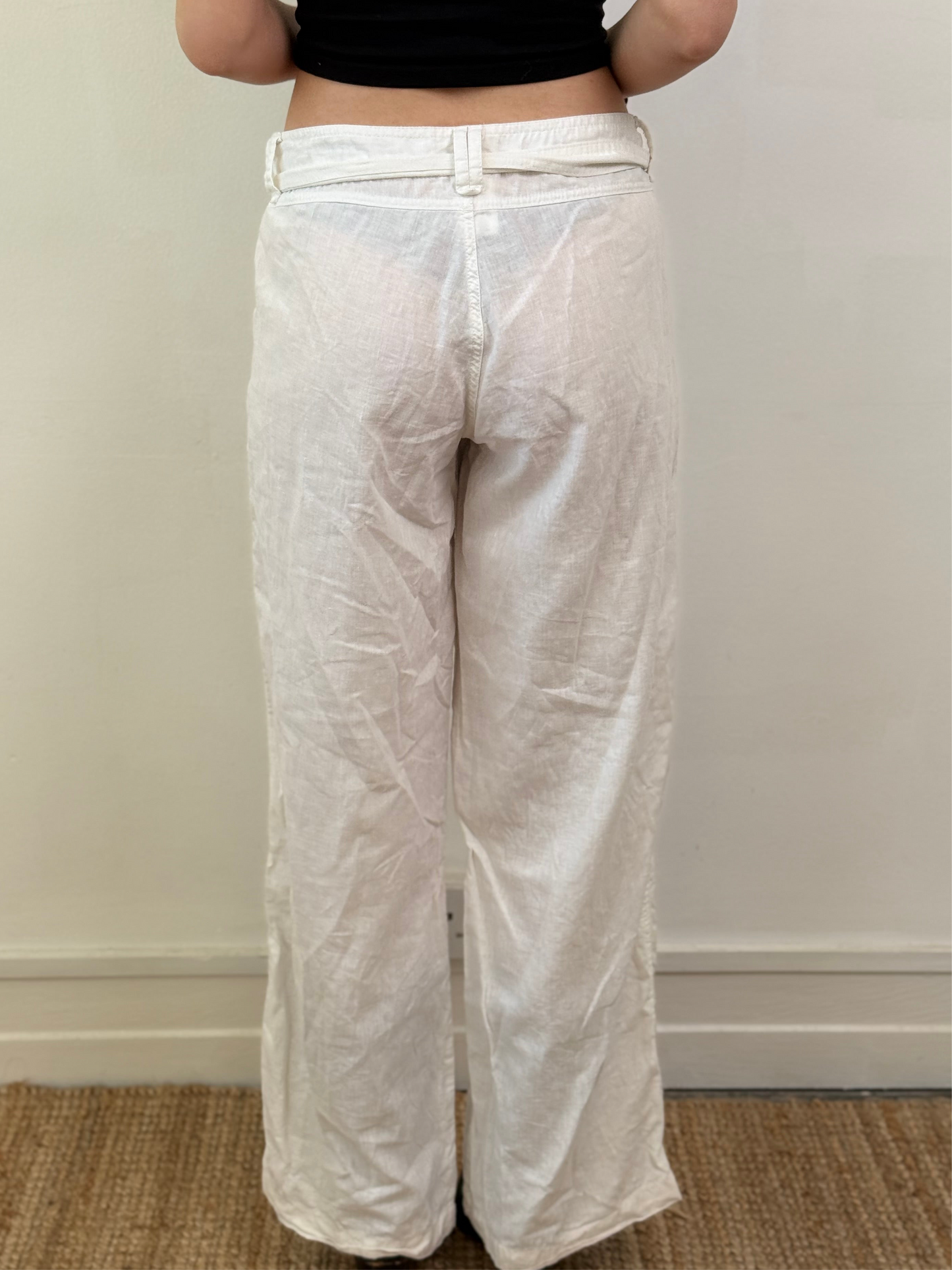 WHITE LINEN TROUSERS W TIE-WAIST