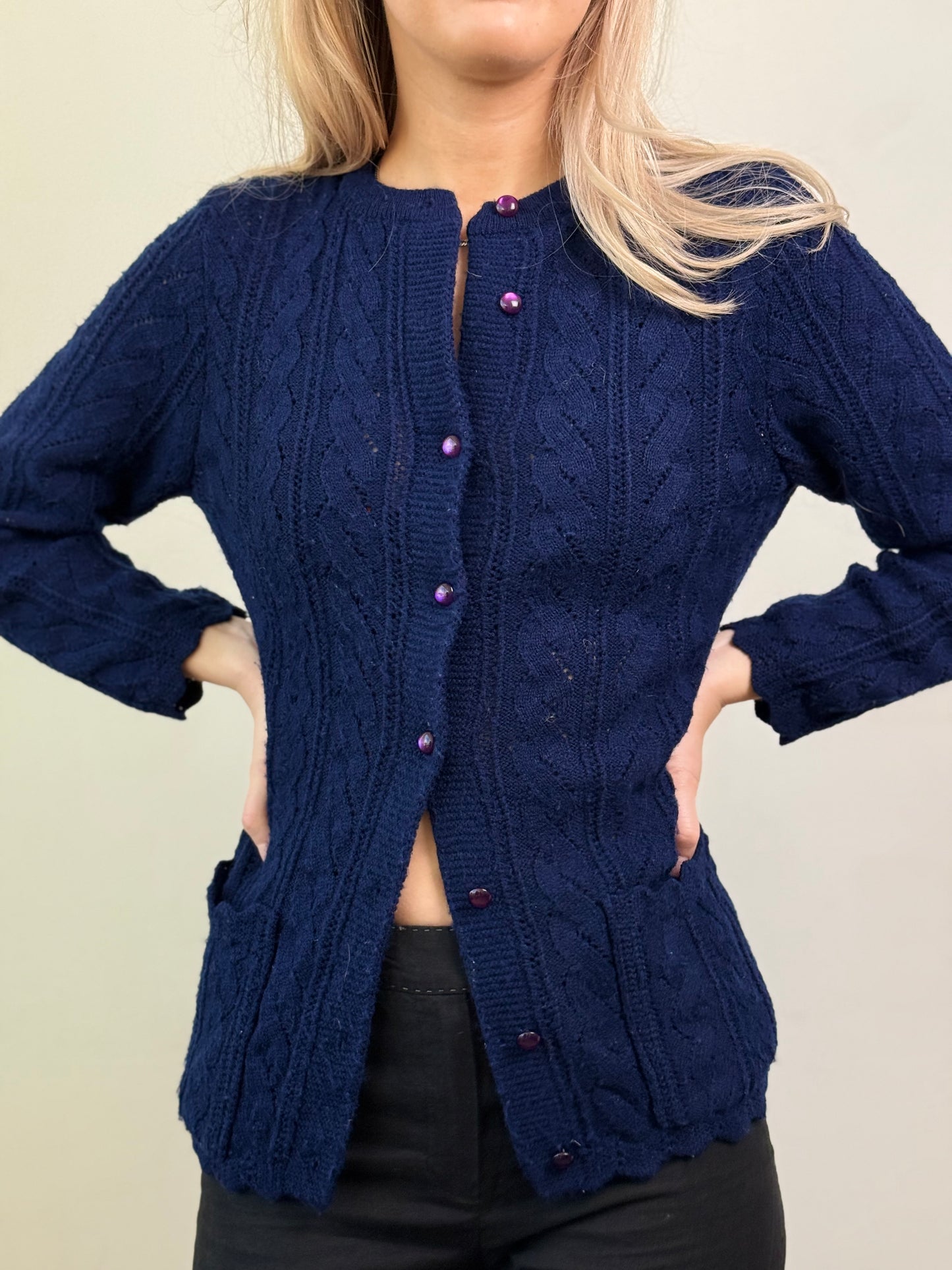 NAVY CABLE KNIT CARDIGAN