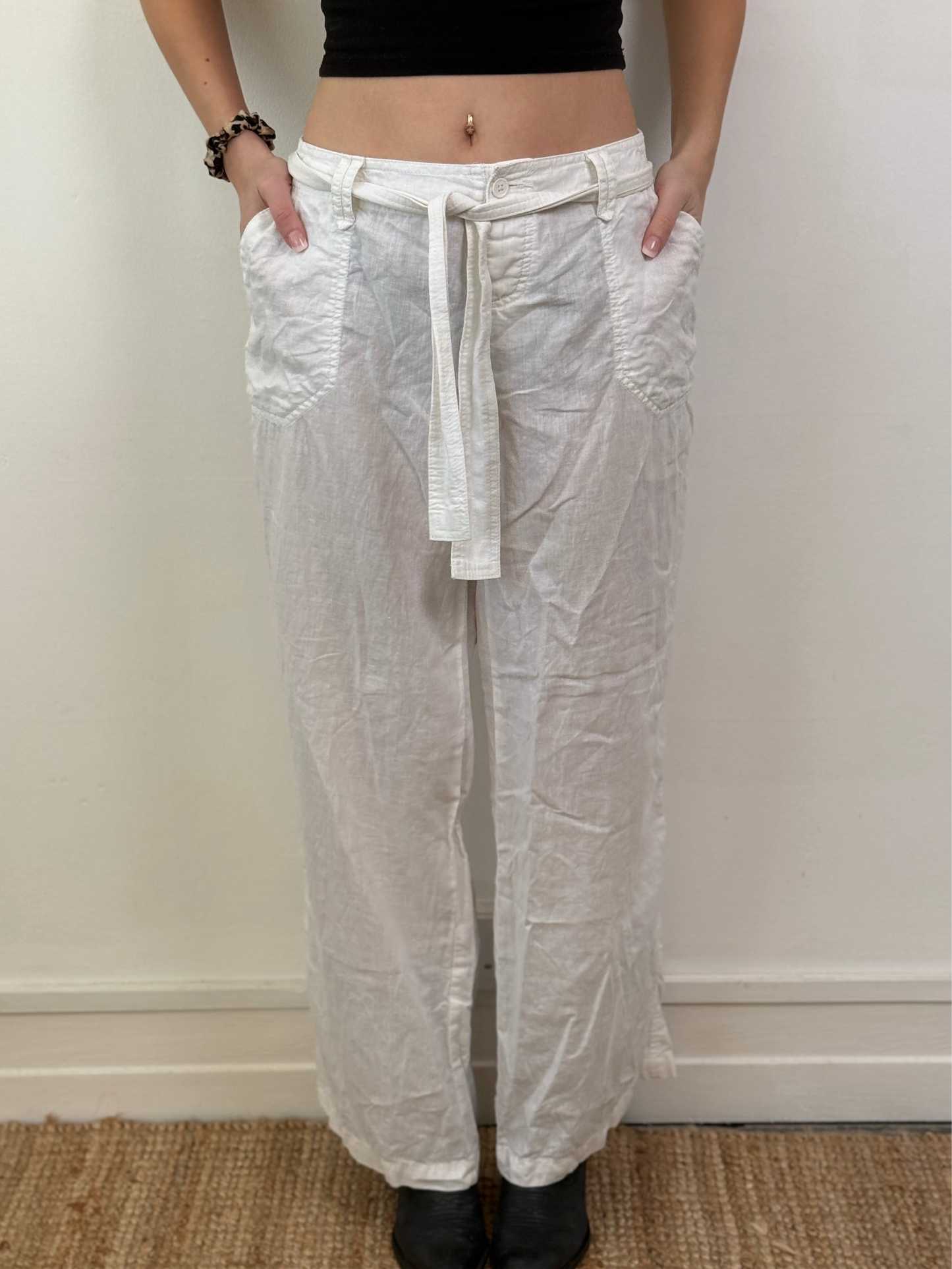 WHITE LINEN TROUSERS W TIE-WAIST