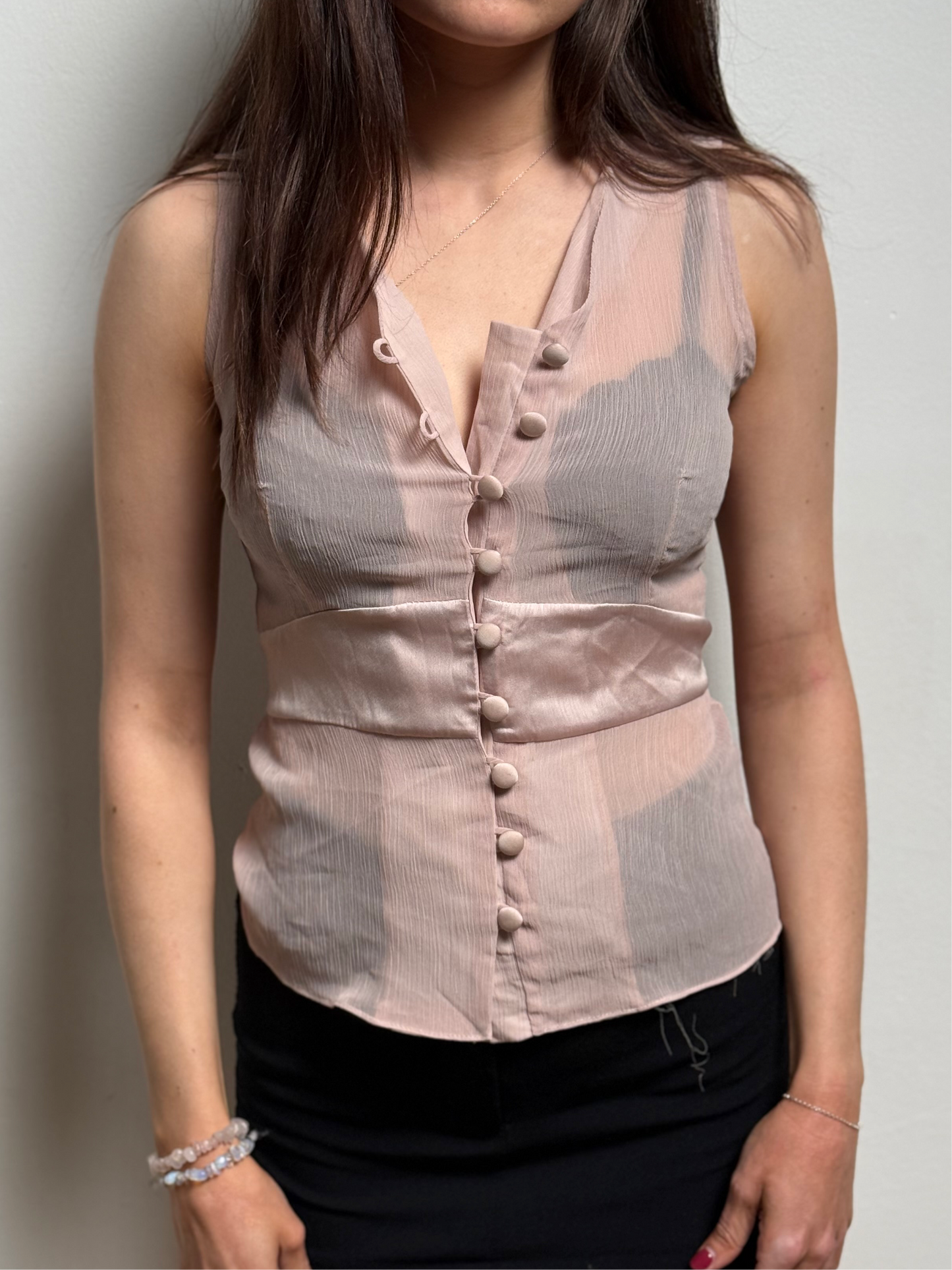 SHEER BUTTON UP SLEEVELESS TOP