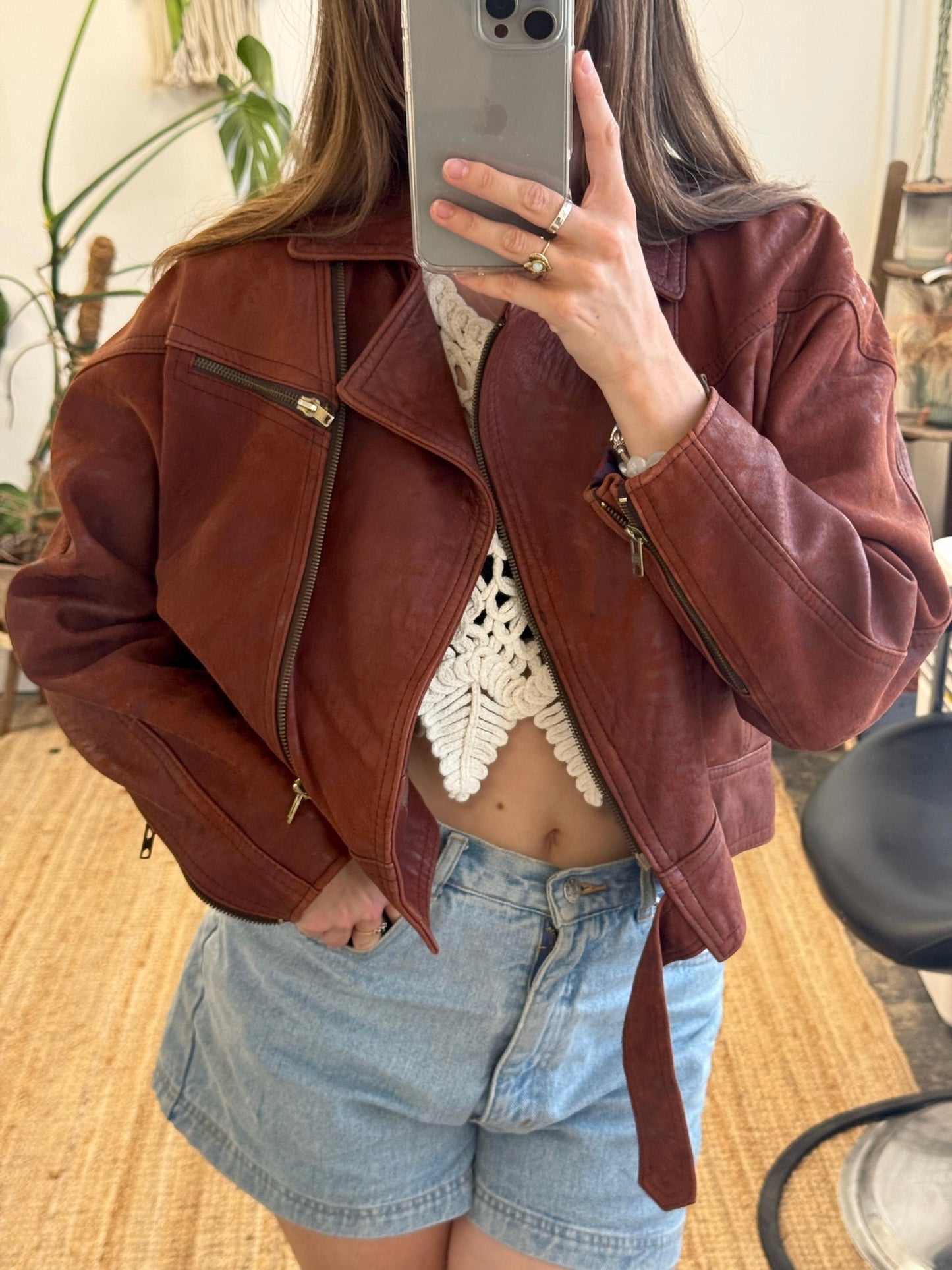 80s BROWN CROPPED LEATHER JACKET