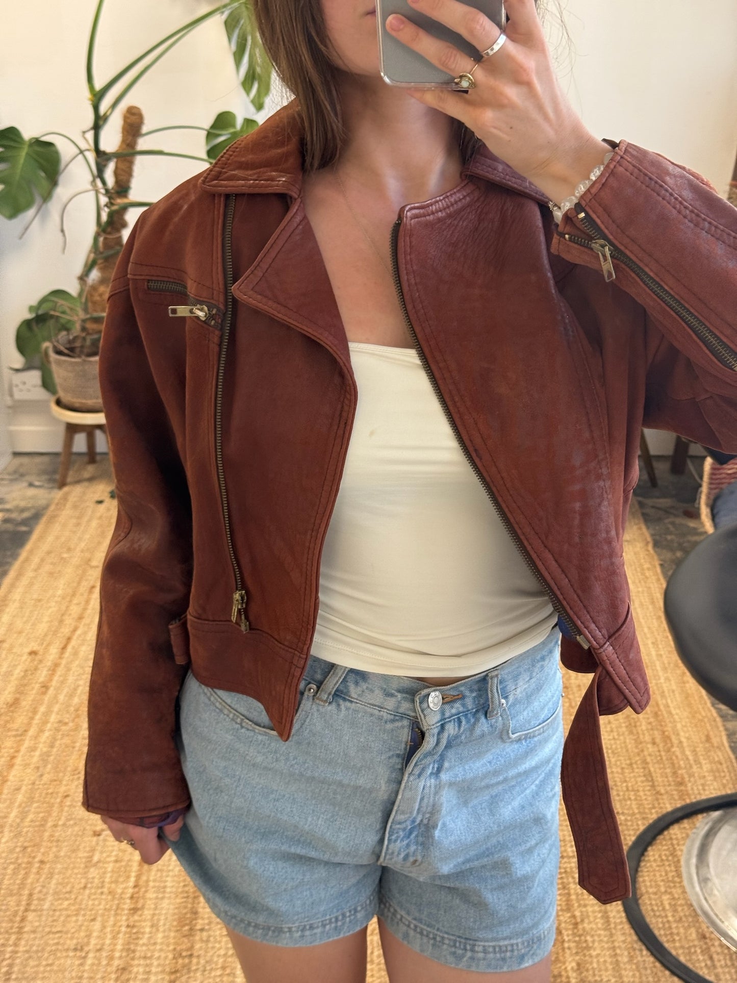 80s BROWN CROPPED LEATHER JACKET