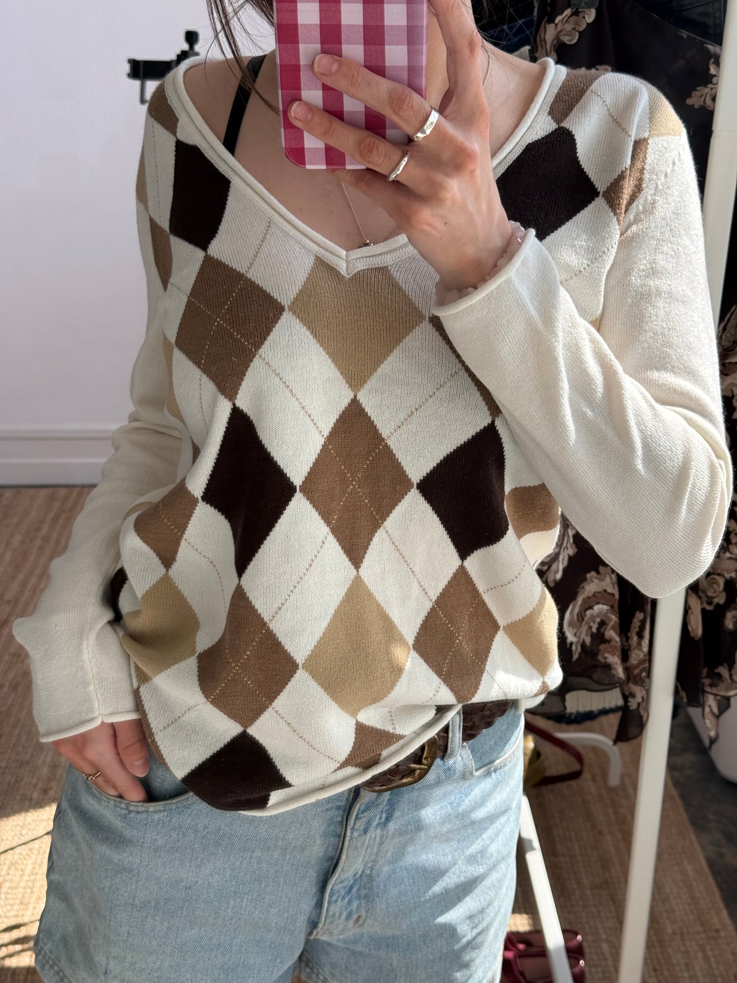 CREAM ARGYLE LIGHTWEIGHT KNIT JUMPER