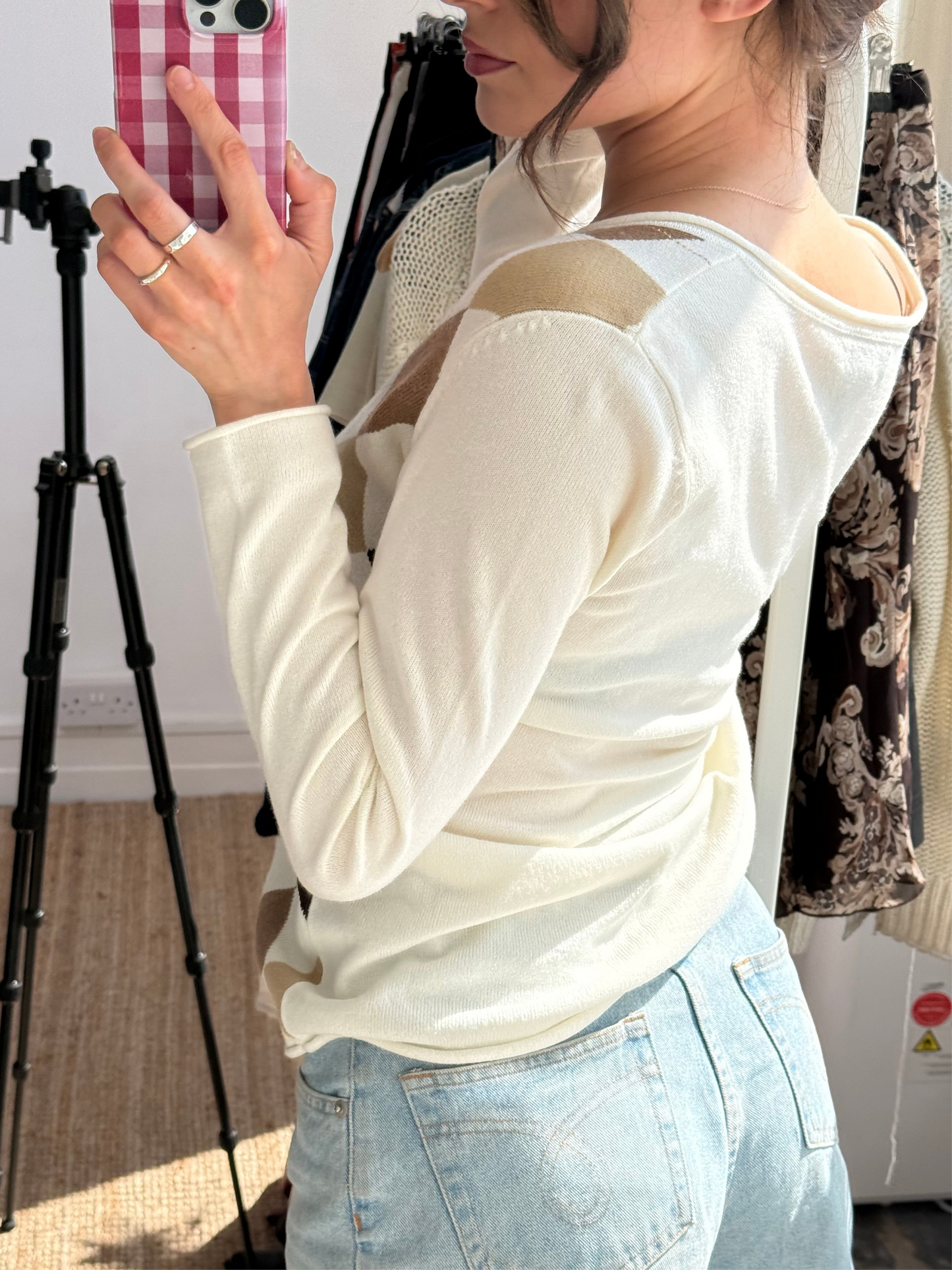 CREAM ARGYLE LIGHTWEIGHT KNIT JUMPER