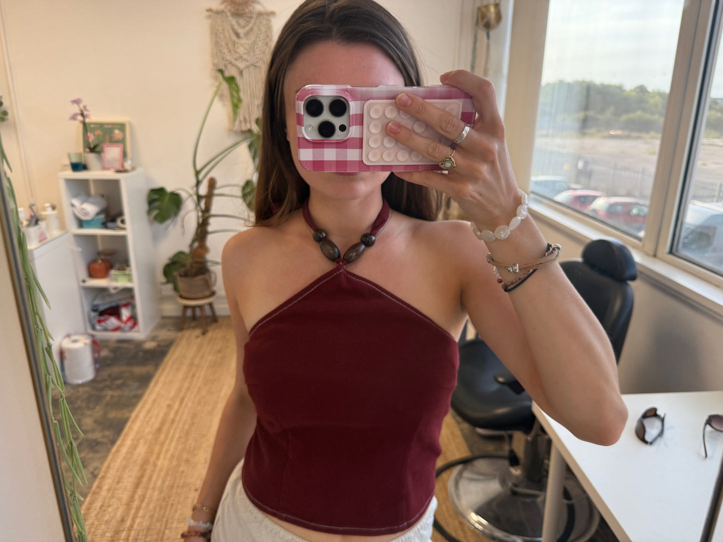 BURGUNDY BEADED HALTER-NECK