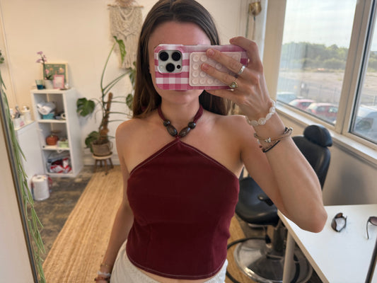 BURGUNDY BEADED HALTER-NECK
