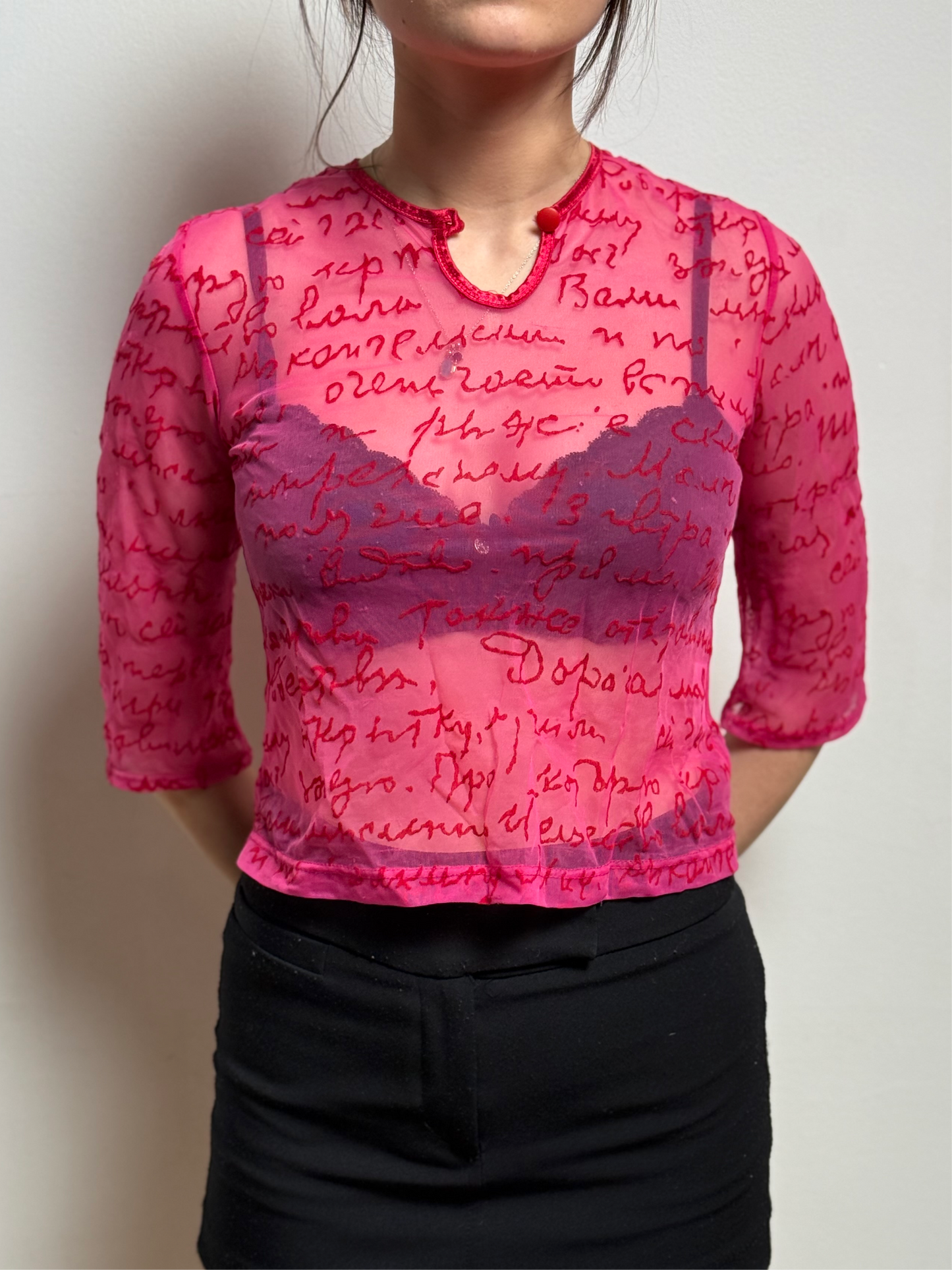 PINK HANDWRITING MESH TOP