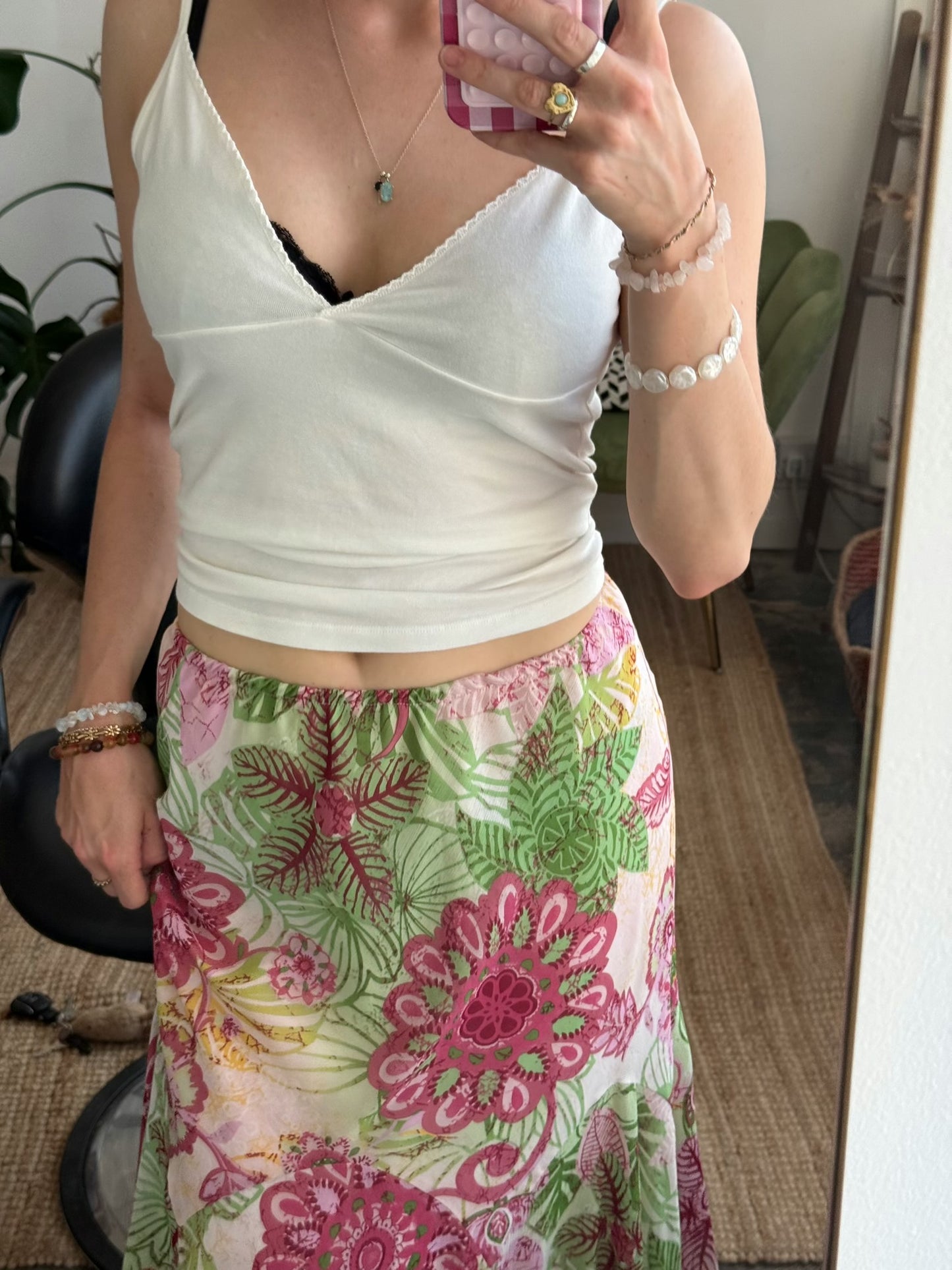 FLORAL PINK/GREEN MIDI SKIRT